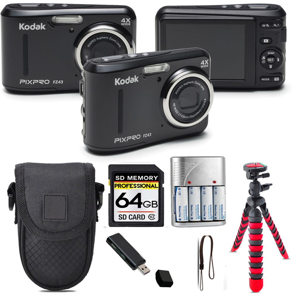Kodak PIXPRO FZ43 Digital Camera (Black) + Tripod + Case