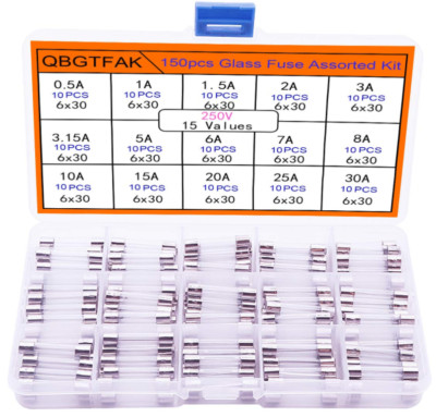 150 Pcs AGC Auto Glass Fuse 0.5A to 30A ( 6mm X 30mm) Kit  W/Box
