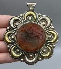 Unique Ancient Roman tager Intaglio Agate Stone Silver Gold Plated Pendant