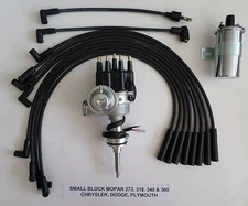 MOPAR 273 318 340 360 BLACK SMALL Cap HEI Distributor + 45K Coil +Plug Wires USA