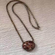 Vintage Nonmagnetic Silver Short Barrel Bead with Rusty Vein Oval Agate Pendant 