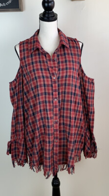 Love plaid flannel cold shoulder raw hem tunic top Sz Medium