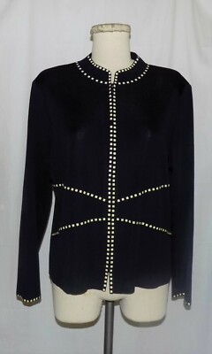 Ming Wang Zip Front Jacket Black w/Chartreuse Stud-Embellished Trim Design PL