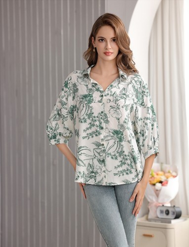 NEW! Women's Flower and Leaf Print Tunic Shirt with 3/4 Sleeves - Imagen 3 de 18