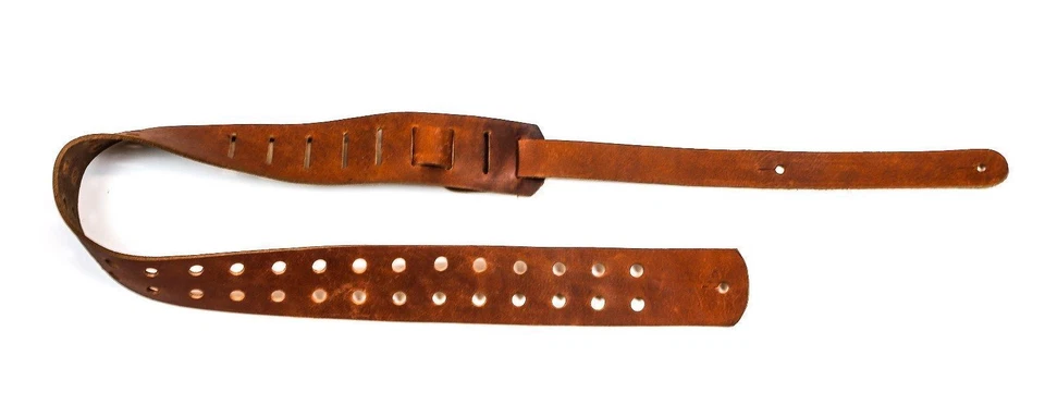 Genuine Leather Hole Guitar Strap Handmade USA Vintage Rock Goth Tan Oiled - Image 3 of 4
