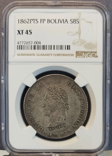 1862 PTS FP BOLIVIA SILVER 8 SOLES S8S NGC XF 45 HIGH GRADE BEAUTIFUL COIN