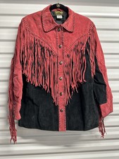 Bob Mackie Wearable Art Leather Fringe Color Block Button Up Lined Jacket Sz M
