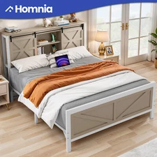 Queen Size Bed Frame Rustic Bookcase Shelves Sliding Barn Door Charging Station