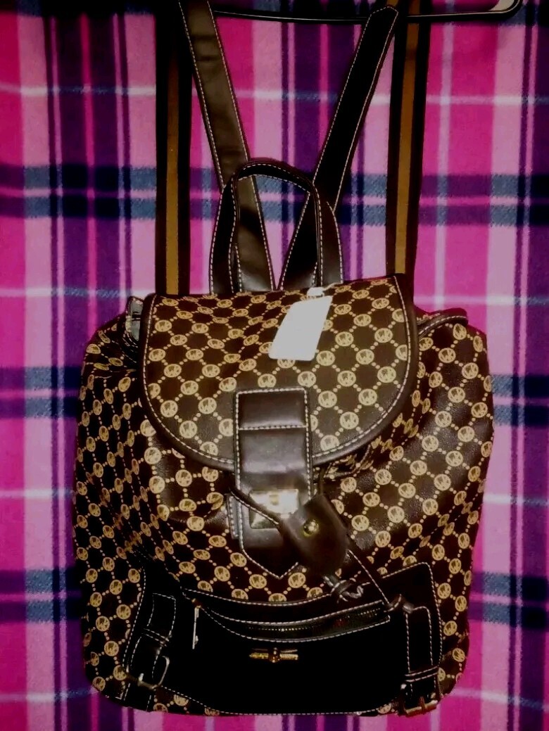 Wendy Keen Bucket Backpack Brown/Carmel Leather Signature Monogram- NWT