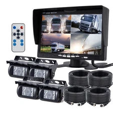 7" Monitor Splitscreen 4x 4PIN Reversing Backup Camera 4x 10m RV Truck Motorhome