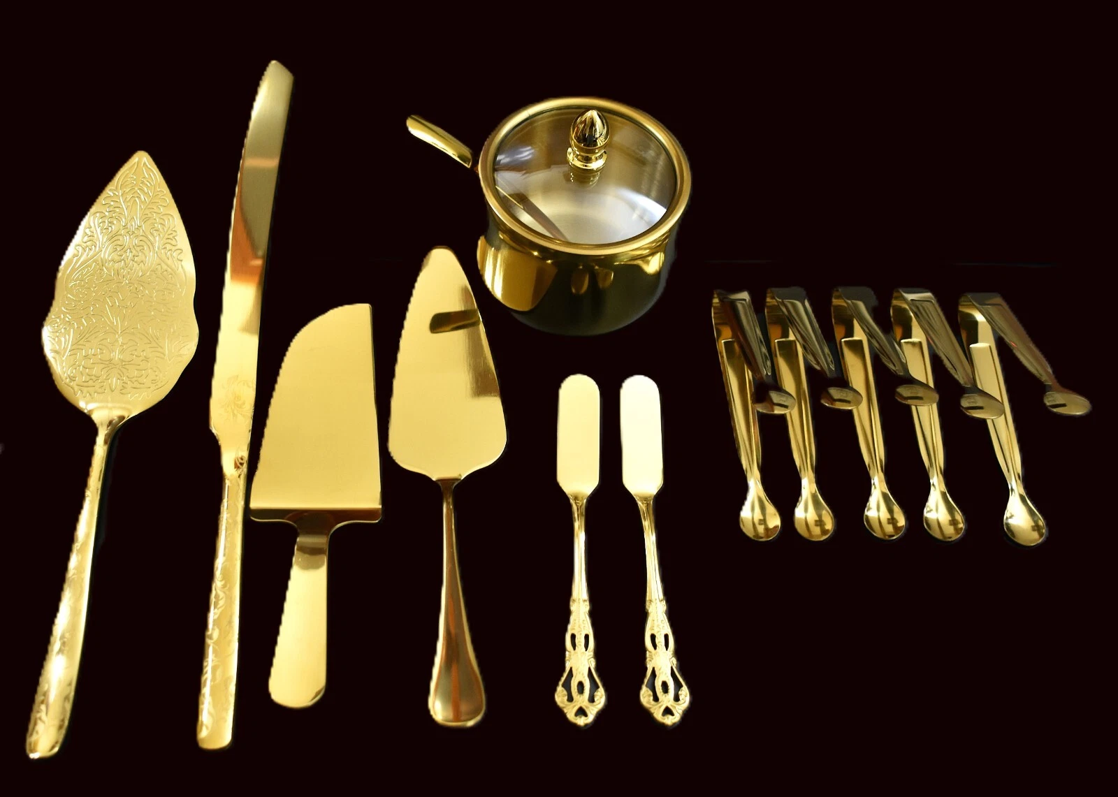 Gold Cake, Pie Knifes, Tongs, Lidded Bowl Spoon Buffet Utensils Set