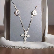 Set Cross 21" Necklace Silver Tone clear Rhinestone Crystal Stud Earring Jewelry