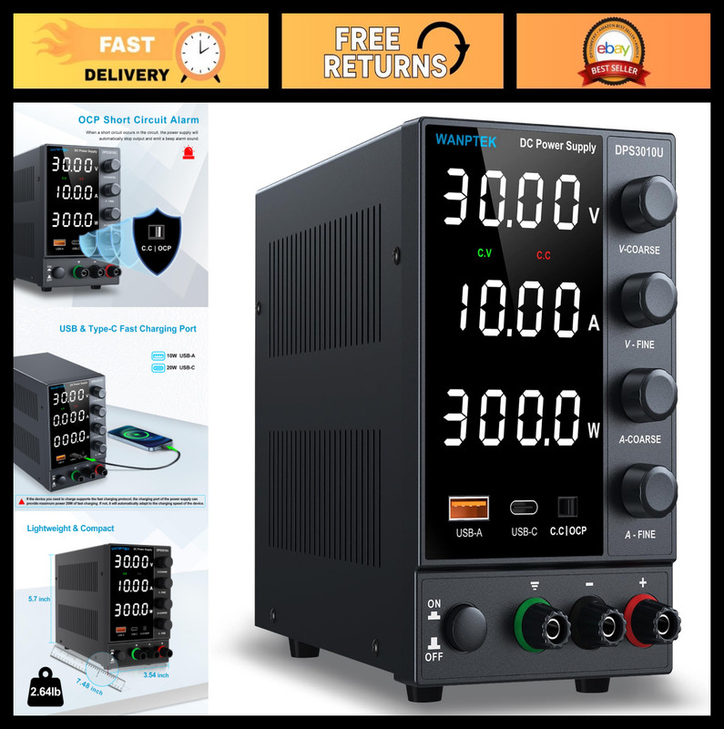 Adjustable 0-30V 10A Variable Bench Power Supply, USB & Type-C Quick Charge, OCP