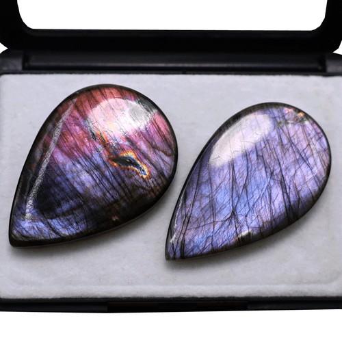 Set 2 Pcs Finland Natural Labradorite Purple Flash Teardrop Crystal Palmstones - Picture 6 of 10
