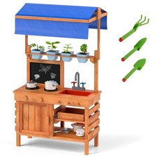 Mud Kitchen Wooden Pretend Play Kitchen with Height Adjustable Canopy