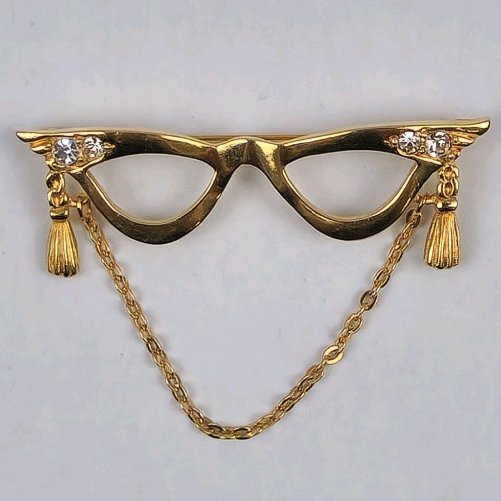 Vintage Avon Jewelry Eyeglasses w/ Chain Brooch Pin Gold Tone & Rhinestones