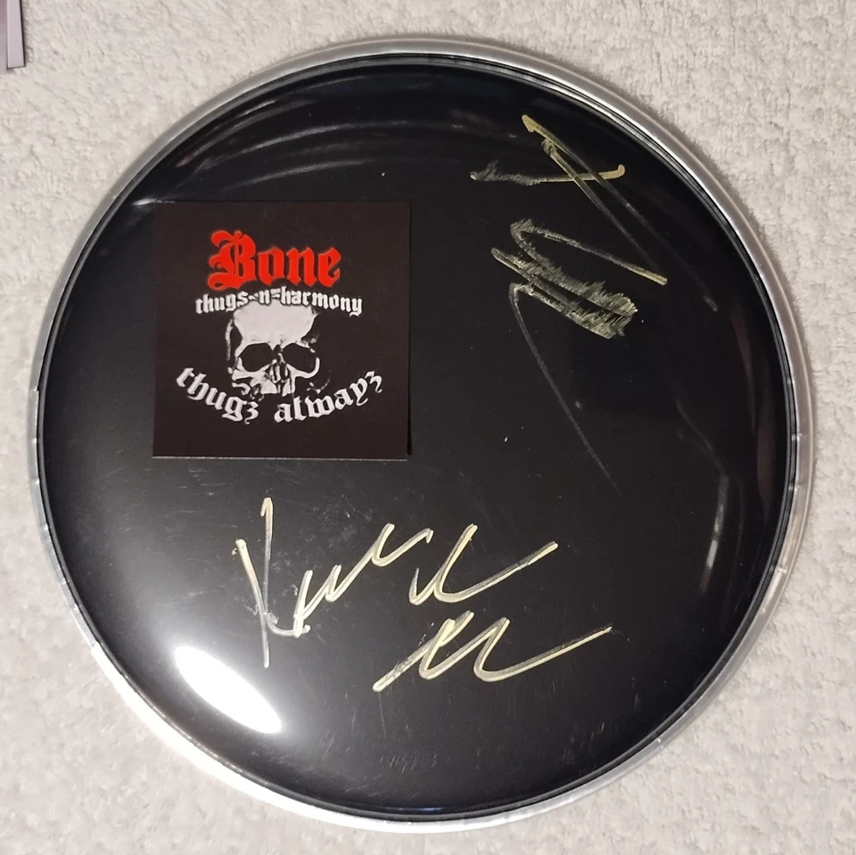 BONE THUGS & HARNOMY SIGNED VINYL DRUM HEAD KRAZIE FRESH COA E. 1999 ETERNAL - Image 1 of 1