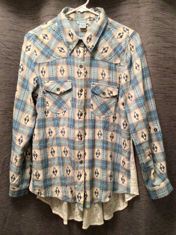 COUNTRY BLUES Cream Button-Up Southwest Top, Lace Bootie Panel Sz S NEW