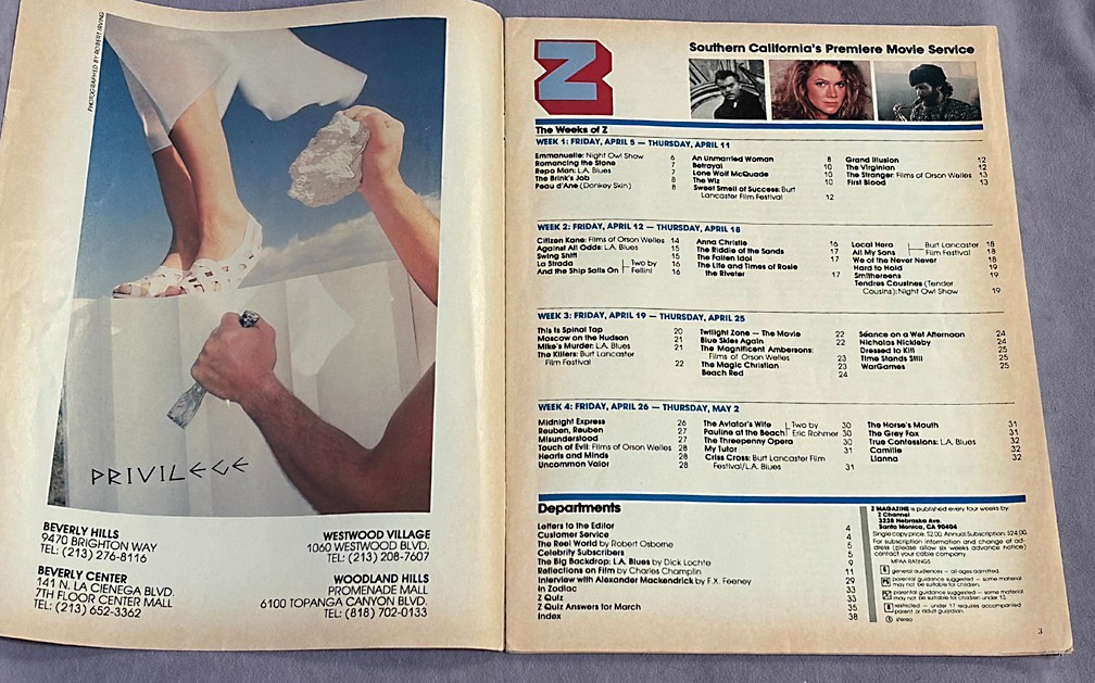 Z Channel 1985 Magazine ROMANCING THE STONE Cable TV-Movie Guide