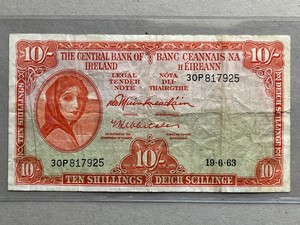 Central Bank Ireland 10 Shillings - Lady Lavery 19-6-1963 Circulated - Free Ship