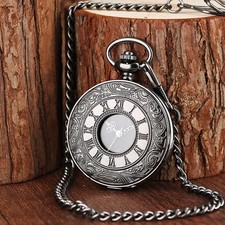 Classic Roman Numeral Quartz Pocket Watch Pendant Chain Unisex Gift Black Tone