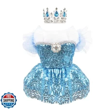 Littledropet Dog Snow Queen Princess Costume with Crown,Luxury Sequin Pet Bir