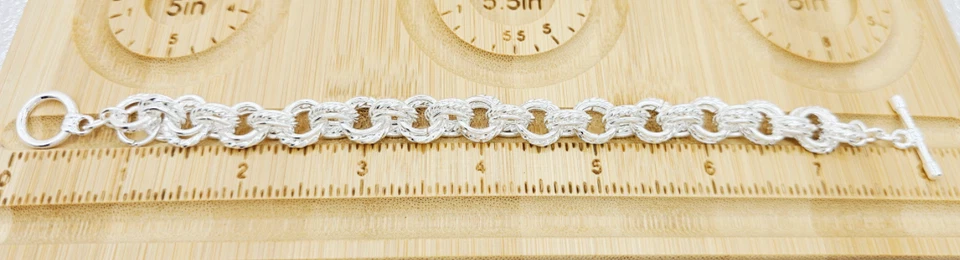 Pulsera 8 en plata de ley 925 dije cadena de eslabones redondos entrelazados muchos anillos Foto 3 de 4