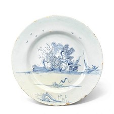 Antique English Delft Blue & White Plate Shells Pagoda Boat Scene c1800 - 10.75"