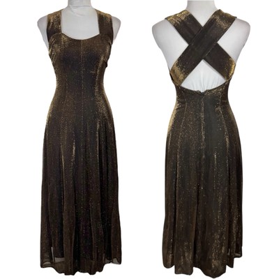 Vintage Black Gold Shimmer Maxi Dress Party Criss Cross Witchy Gothic 3/4 XS