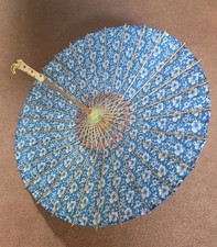 Oriental Hand Painted Wooden Umbrella Parasol Floral Blue Design Bamboo VTG