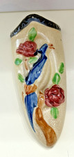 Vintage Scissors Bird Ceramic Wall Pocket Blue Bird Red Roses Japan