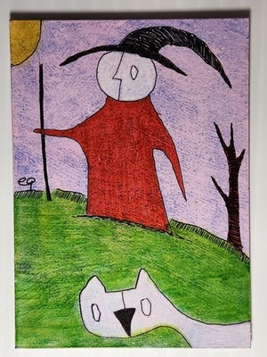 e9Art ACEO witch walking with cat outsider art brut naive