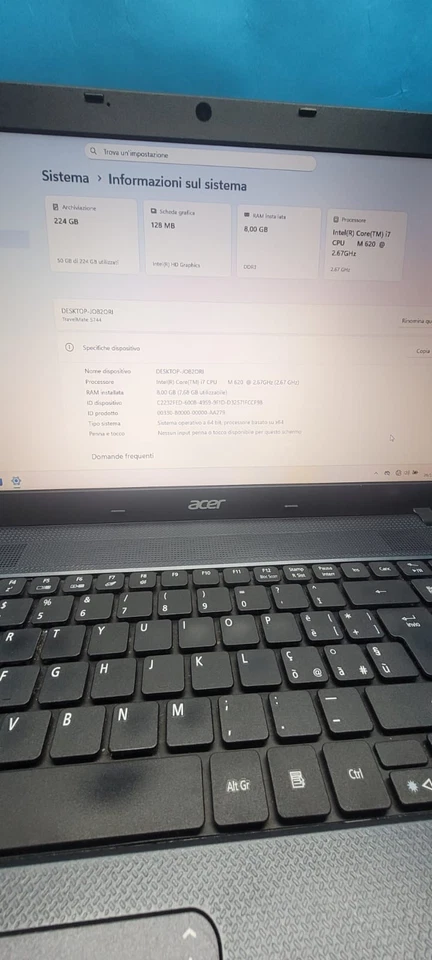 Notebook Portatile 15.6 /Acer /i7 620M/8GB/256GB/ Windows 11 25H2 - Immagine 2 di 4