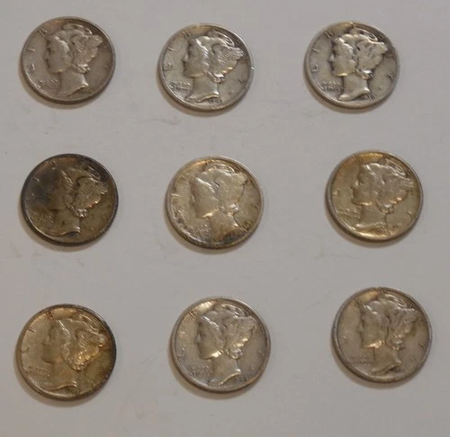 Lot of 9 - MERCURY Dimes Lot of nine 90% SILVER $.90 Face