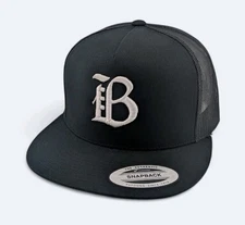 Flat Bill Trucker Snapback Yupoong Black Embroroidered Puff Old English Letter B