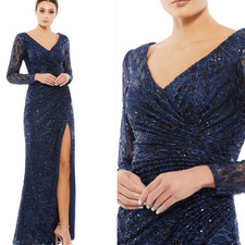 NWT Mac Duggal LONG SLEEVE RUCHED SEQUINED V-NECK GOWN Blue 12
