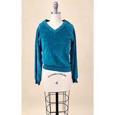 Vintage Wrangler Velour Sweatshirt Womens S Teal V Neck Raglan USA Made