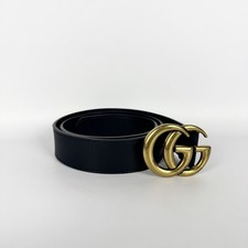Authentic Gucci Double G Marmont Black Leather Belt Antique Gold Size 85/34