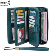 Women Large Capacity Long Handheld Wallet Zipper RFID Card Coin Purse w/Chain
