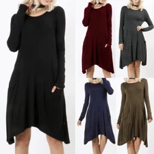 Women's Long Sleeve Princess Seam Tunic Dress with Pockets