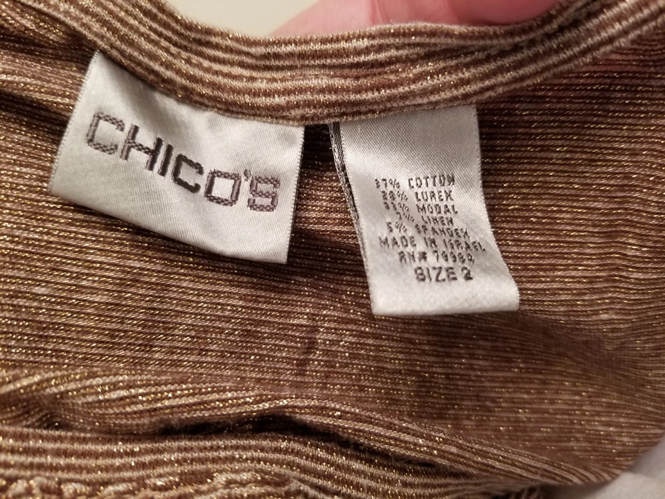 Camisa Top Blusa Chico's Mujer Talla 2 L Grande Marrón Dorado Rayas Lino Foto 2 de 4