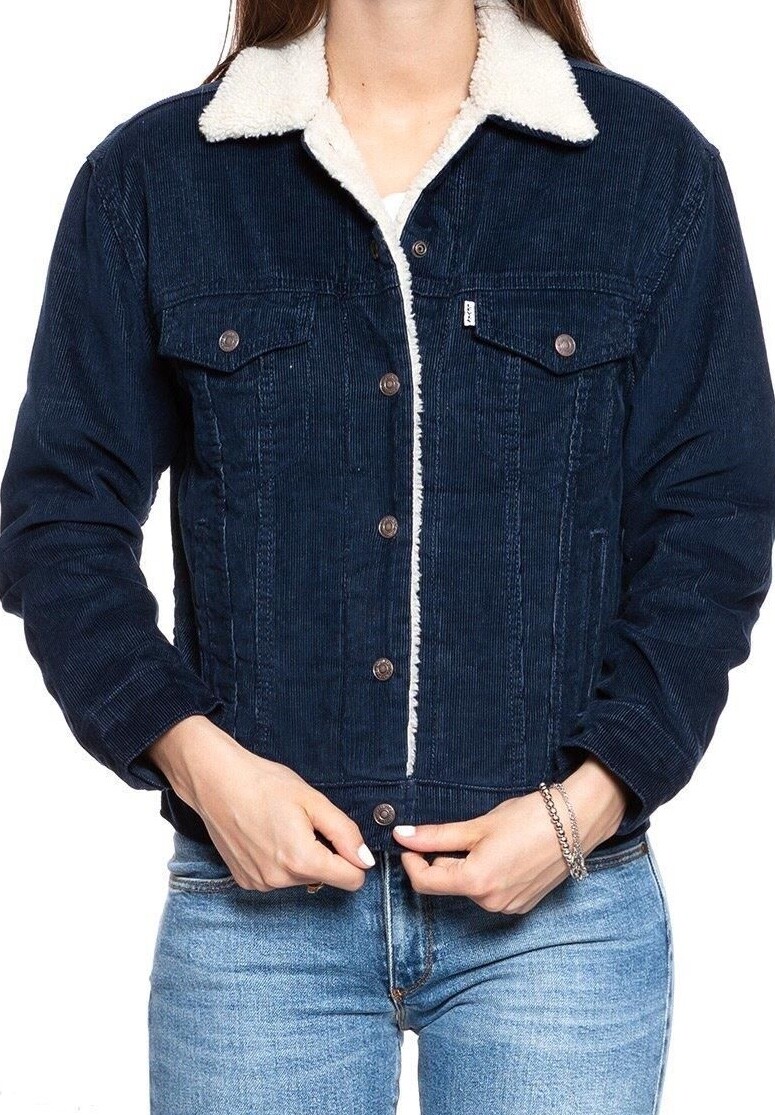 Women's navy blue corduroy trucker jacket with cream sherpa fleece collar and lining