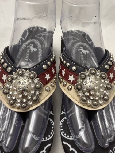 Infradito con zeppa Montana West stelle e righe taglia 7 Bling marrone, rosso e blu - Foto 3 di 12