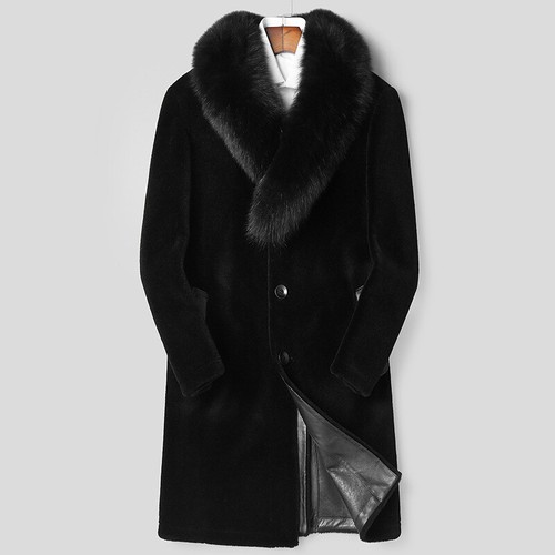 Men Real Fox Fur Collar Jacket Shearling Lamb Fur Long Coat Winter Warm Overcoat
