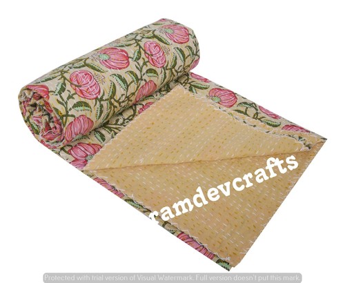 Kantha Quilt Cotton Handmade Indian Bedspread Hand Block Print Throw Blanket - Picture 6 of 6