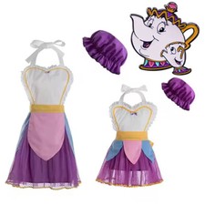 Cosplay Beauty and the Beast Mrs Potts Kids Maid Dress Apron Hats Costumes Suits