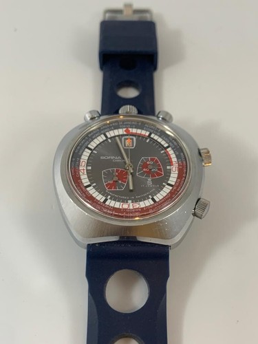 Hermoso y Raro Sorna Swiss Mecánico Bullhead Cronógrafo, 1970 5 Coronas’ Nuevo de Lote Antiguo - Imagen 8 de 10