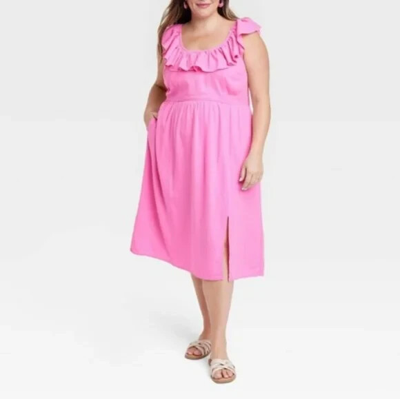 pink linen dress plus size AherBiu Womens Cotton Linen Midi Dress Plus Size Short Sleeve Summer Casual Dresses for Women Lightweight Ruched Hide Belly (Large, Pink), Women's