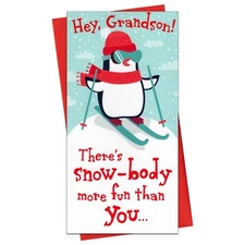 Cute CHRISTMAS Money Gift Card Holder FOR GRANDSON, Penguin Skiing — Hallmark +✉