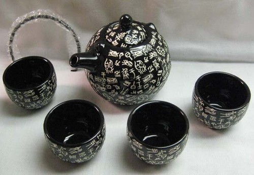 Artsy Ceramic Tea Set Teapot & 4 Cups Harmony Asian Black White Handcrafted New - Picture 7 of 7